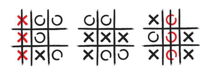 Tic tac toe xo game hand drawn grid doodle template vector illustration set isolated on white background