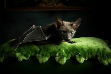 Cute bat resting on plush green cushion. Nocturnal flying mammal creature on soft pillow. Generate ai