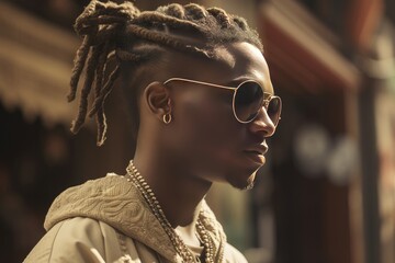 Cool black male in beige streetwear and sunglasses. Fashionable African guy with dreadlocked head. Generate ai
