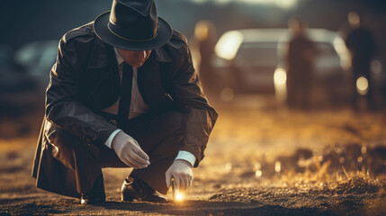 Detective in a hat and raincoat examines traces at a crime scene against a blurred background of police officers and police cars. - obrazy, fototapety, plakaty