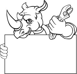 A rhino handyman, mechanic, plumber or other construction cartoon mascot man holding a wrench or spanner tool.