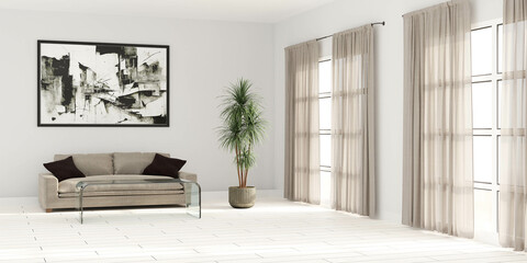 A Cozy Living Room with a Comfortable Couch and a Vibrant Potted Plant 3d render illustration