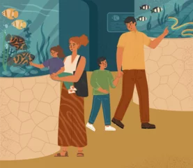 Keuken spatwand met foto Happy family visiting oceanarium vector illustration scene © Wanlee
