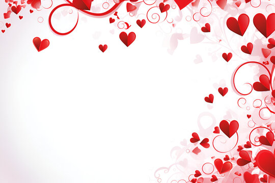 Romantic Border of Red Hearts and Swirls on a White Background