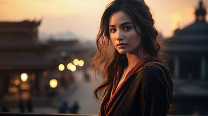 Obraz premium Young Asian woman with a city background and copyspace