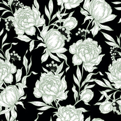 Peony flower seamless pattern drawing. Vector hand drawn engrave