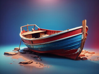 3d Colorful wooden boat isolated on gradient background. isometric 3d rendering fishing boat.
