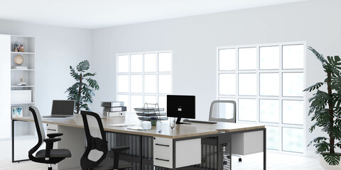 An Organized Office Space with a Modern Desk, Ergonomic Chair, High-performance Computer, and Stylish Bookshelf 3d render illustration