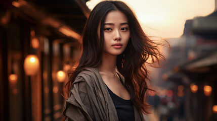 Obraz premium Young Asian woman with a city background and copyspace