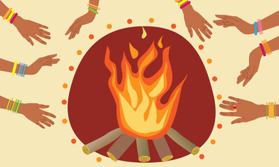Happy Lohri celebration vector illustration flat cartoon style. Popular harvest India festival . Happy Lohri background with hands . Happy Lohri Festival fire and joy in warm color 