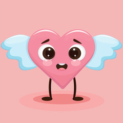 Cartoon vector character of red heart with wings for Valentine's day