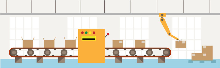 Factory Conveyor Belt with Robot Hand Packing Parcels. © Eugen