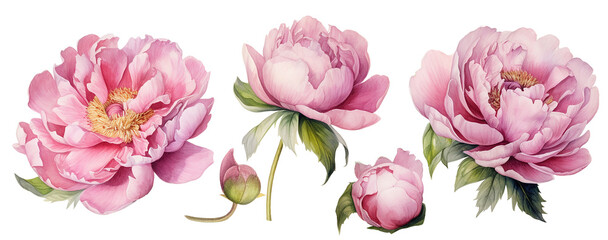 set of pink peonies flowers. realistic watercolor drawing. delicate illustration