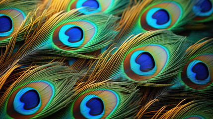 Obraz premium Colorful peacock feathers. Background of beautiful peacock feathers.