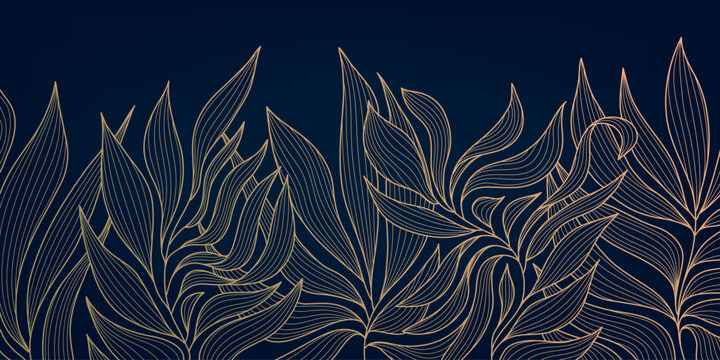 Vector golden leaves botanical modern, art deco wallpaper background pattern. Luxury line floral wallpaper, elegant foliage wavy ornament