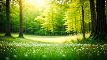 Fototapeta na wymiar Spring. Forest and Beautiful meadow field with fresh grass in nature Summer spring perfect natural landscape.