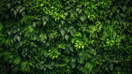 Plant wall, natural green wallpaper and background, vertical garden , lihgt warm from morning .