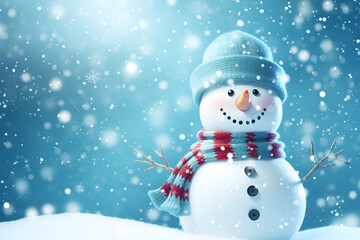 Smiling Snowman with Blue Hat and Scarf