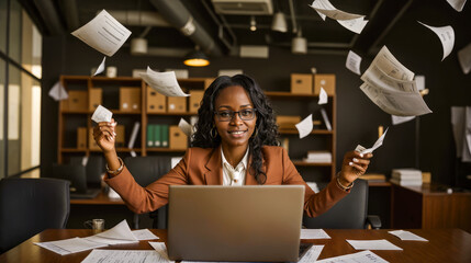 transition to paperless work. three african american Businesswomen throws up documents and using laptop. end of work before holidays vacation weekend - obrazy, fototapety, plakaty