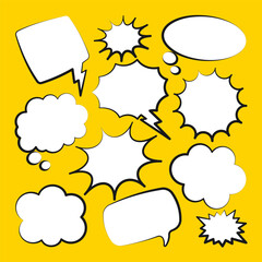 Comic speech bubbles. Outline, hand drawn retro cartoon stickers on yellow background. Chatting and communication, dialog elements. Pop art style. Vector illustration