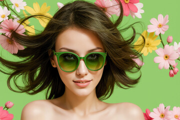 spring, woman. Fashionable young woman wearing trendy green sunglasses. Creative beauty photo. Beauty, fashion