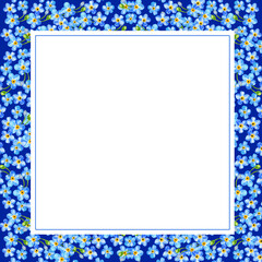watercolor square white frame on blue spring flowers background, illustration of forget me not flowers, hand drawn sketch of blue field flowers with buds