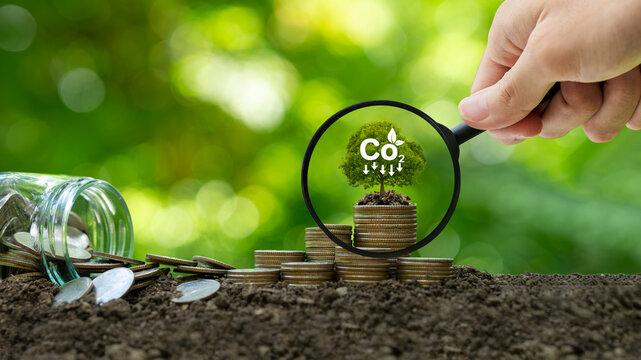 CO2 emission reduction concept. A clean and friendly environment without carbon dioxide emissions. green financial business He held a magnifying glass and looked at the stack of money and the growing.