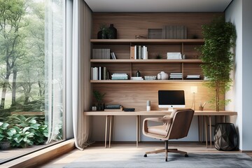 Interior of modern office with white walls, wooden floor, comfortable computer desk and bookcase with folders