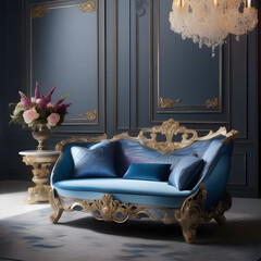 Sapphire hues, mother-of-pearl, and precious stones in delicate designs express natural beauty, extended to women's furniture for a mysterious, exquisite vibe.(Generative AI)