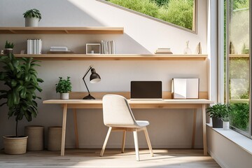 Interior of modern office with white walls, wooden floor, comfortable computer desk and bookcase with folders