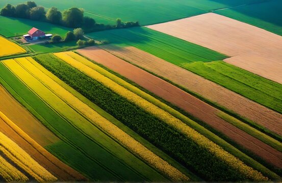 Agricultural farm with fields of crops. Ai images generative.