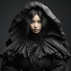 An Asian beautiful model wearing a black down jacket, a fashion blockbuster, sense of shape, fashion, cover, poster