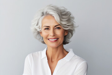 Matured woman with wrinkles in her face isolated on gray background. beautiful smiling woman with good health. Short hair modern 50s mid-aged woman portrait, Old lady Skin care advertising concept