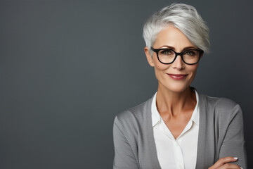 Matured woman with wrinkles in her face isolated on gray background. beautiful smiling woman with good health. Short hair modern 50s mid-aged woman portrait, Old lady Skin care advertising concept
