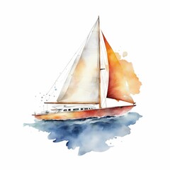 AI generated illustration of a watercolor painting of an orange sailboat on a white background