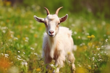 goat kid is playing in the grass