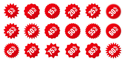 Price tags collection, special offer or shopping discount label with percent, discount percentage value. Red turned retail paper sticker. Promotional sale badge. Vector illustration