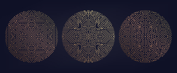 Vector set of art deco round patterns, geometric circle ornaments, gatsby style luxury elements. Elegant logos, golden shapes - obrazy, fototapety, plakaty
