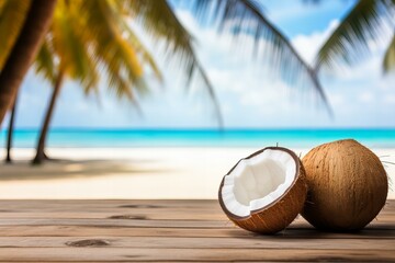 Fototapeta na wymiar Coconuts on wooden table with blurred beach background