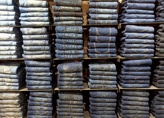  Denim jeans blue shade in rack of clothing store