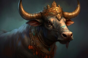 Nandi religious Hinduism divine bull. Spiritual holy creature in religious temple. Generate ai
