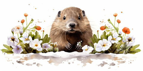 Groundhog Peaking Out of Hole. Watercolour Illustration of a Cute Groundhog Emerging from Burrow Isolated on White. - obrazy, fototapety, plakaty