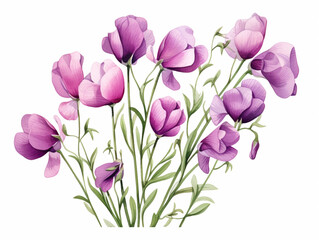 Obraz premium Pink Sweet Pea Flower. Watercolour Illustration of Purple Sweet Peas Stem Isolated on White Background.