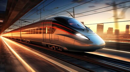 The high-speed train speeds along the railway, showcasing sleek modern design. Rapid transit, motion blur, futuristic locomotive, urban mobility, efficient travel. Generated by AI.