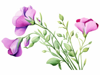 Fototapeta na wymiar Pink Sweet Pea Flower. Watercolour Illustration of Purple Sweet Peas Stem Isolated on White Background.