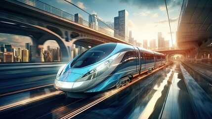 A rapid high-speed train races by, showcasing efficient and modern travel. Speedy locomotion, efficient transit, urban connectivity, motion blur. Generated by AI.