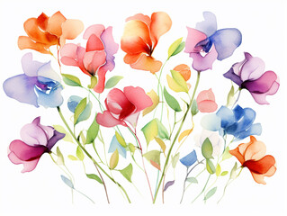 Multicolour Sweet Pea Flower. Watercolour Illustration of Purple Sweet Peas Stem Isolated on White Background.