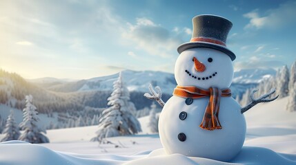 Snowman adorned with a carrot nose and a top hat, standing tall in a picturesque snowy field. Classic winter decor, seasonal joy, frosty landscape, holiday charm. Generated by AI.