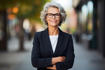 Matured looking professional business woman slightly smiling out door portrait, beautiful smiling woman with good health and skin care. modern business woman portrait, Confident businesswoman smiling - Powered by Adobe
