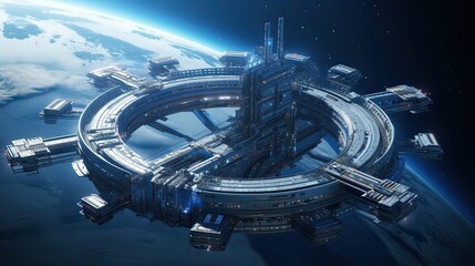 The futuristic space station gracefully orbits. Human ingenuity, orbital station, futuristic design, space exploration. Generated by AI.